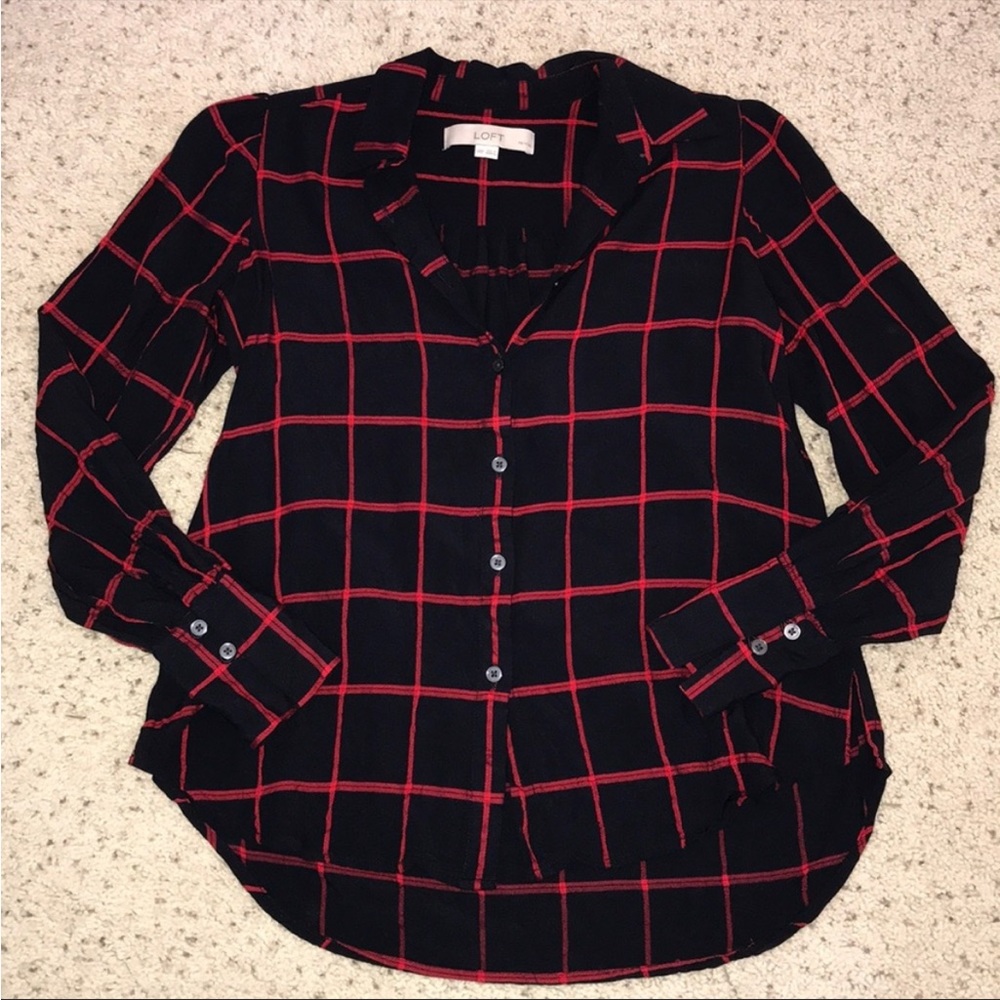 LOFT | Navy Blue and Red Plaid Button Down Blouse